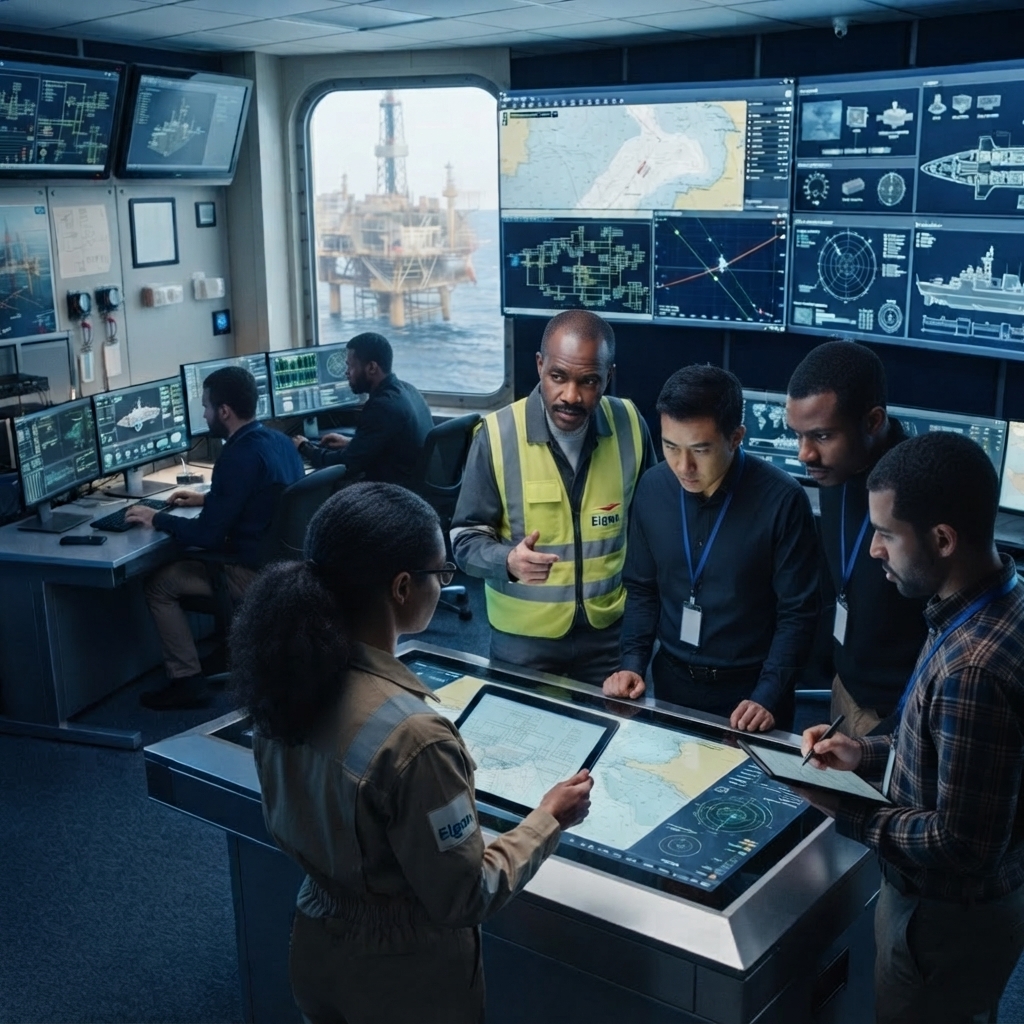 ELGAN engineers and security consultants reviewing maritime plans