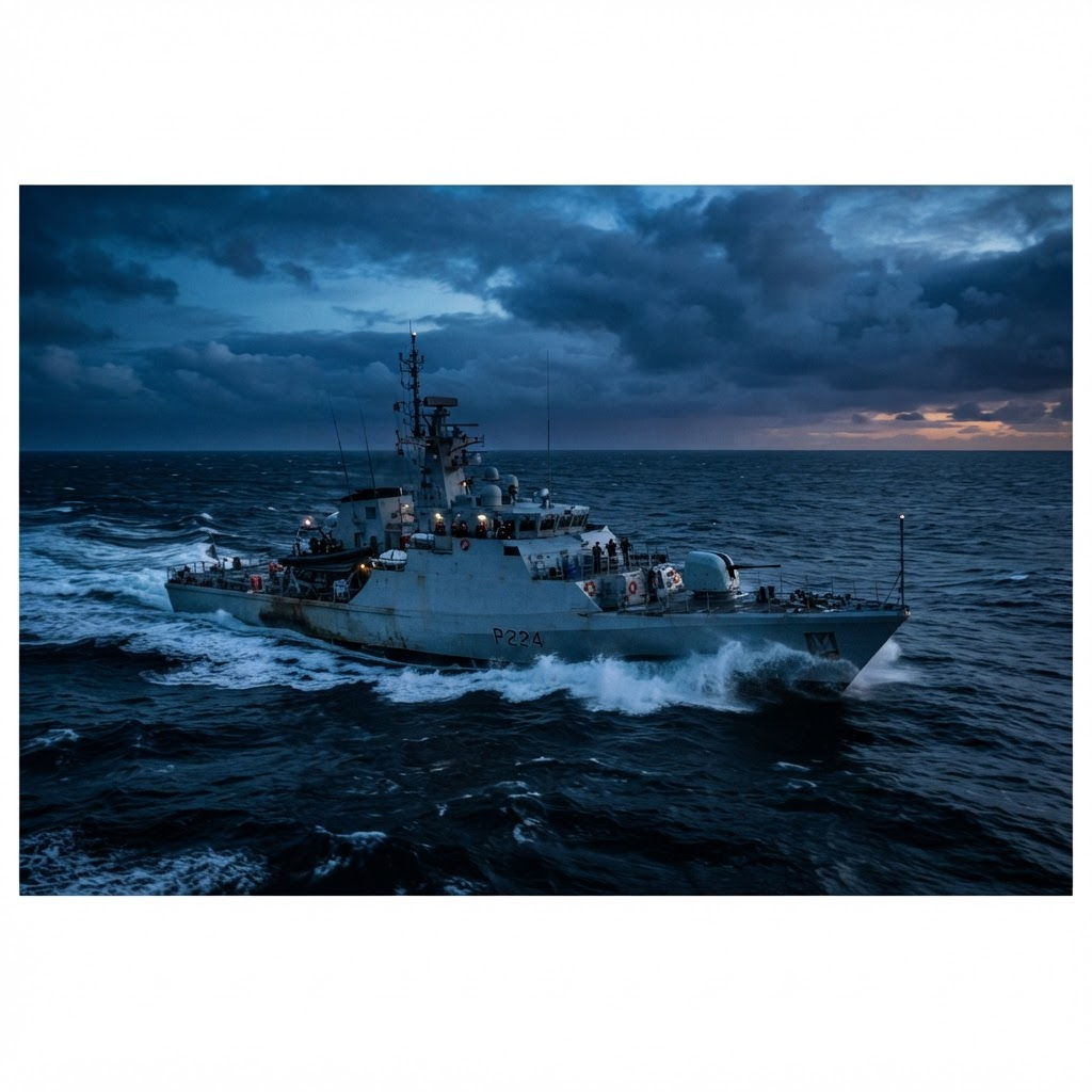 Military patrol vessel at sea during blue hour